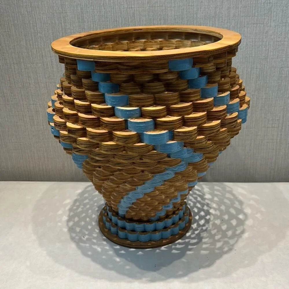 Vtg Handcrafted Wooden Decorative Tornado Bowl Vase Scroll Saw Scalloped Blue